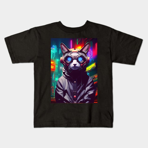 Cool Japanese Techno Cat In Japan Neon City Kids T-Shirt by star trek fanart and more